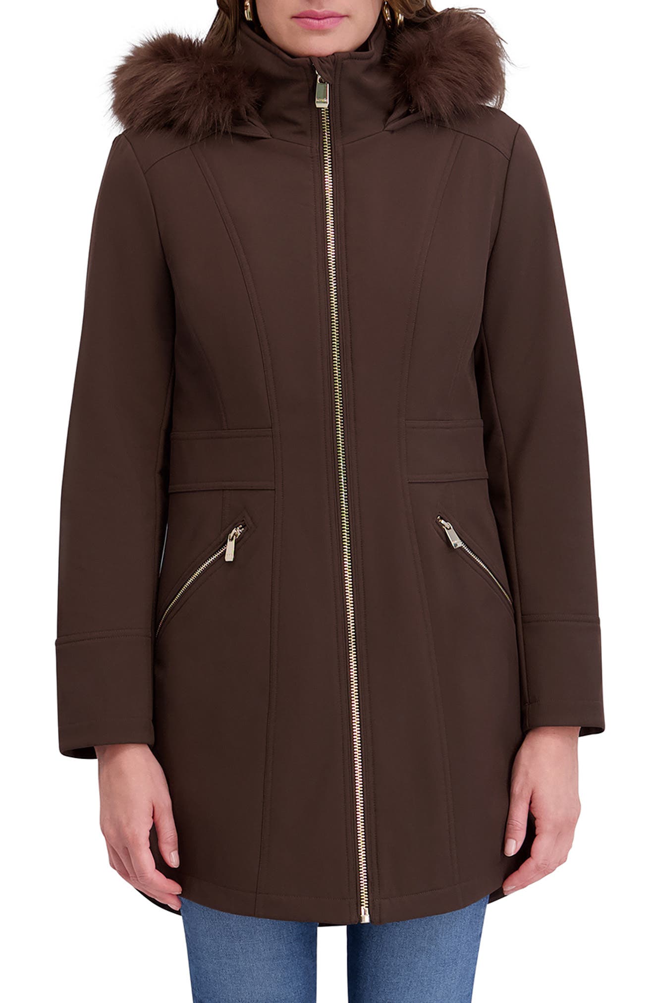 Kensie Shelled Faux Fur Trim Hooded Parka in Chocolate 