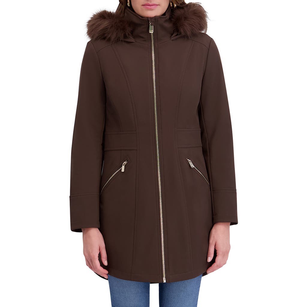 Kensie Faux Fur Trim Hooded Parka In Brown