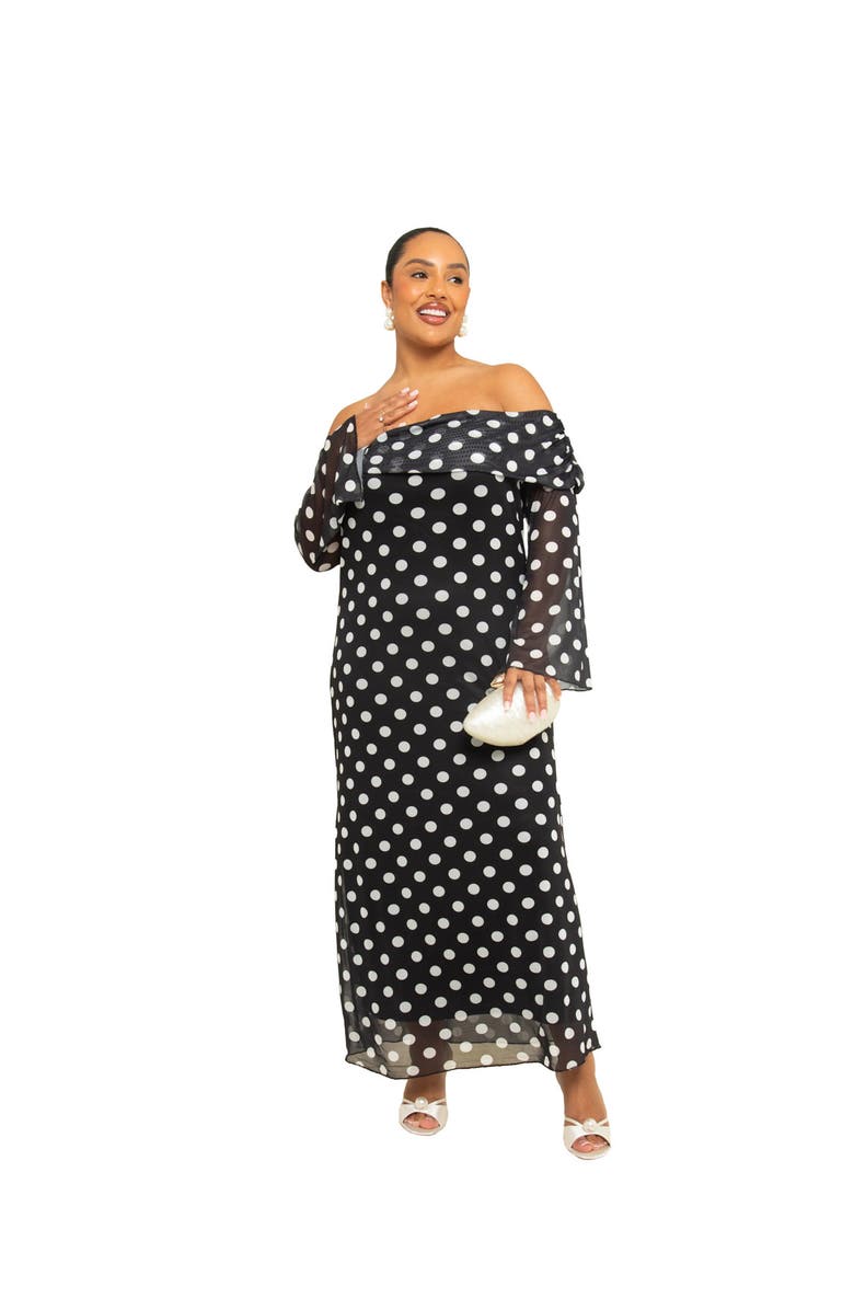 FASHION-SZN CURVE Off The Shoulder Polka Dot Midi Dress, Alternate, color,