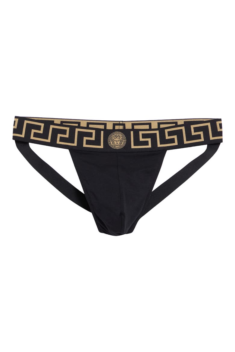 Greca Band Stretch Cotton Jockstrap, Main, color, BLACK GOLD GREEK KEY
