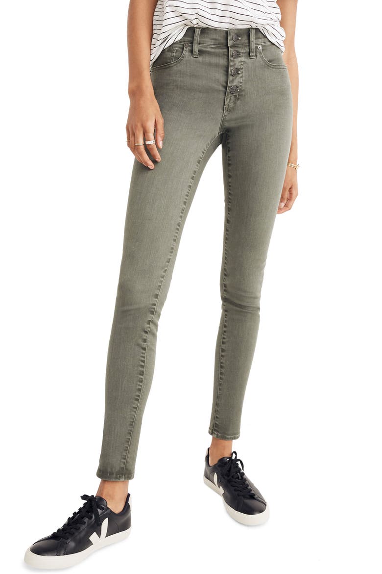 9-Inch Garment Dyed Button Front Skinny Jeans, Main, color, HIGHLAND GREEN