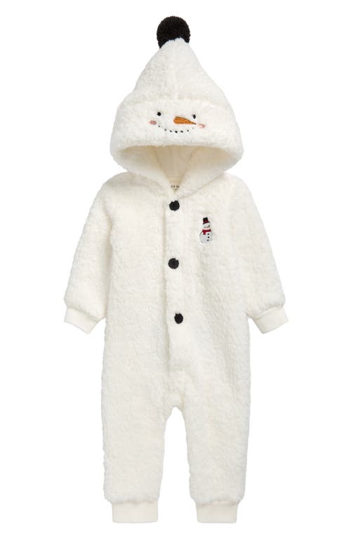Petit Lem Snow Cute Snowman Fleece Hooded Romper in Off White 