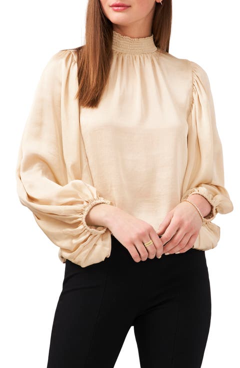 Smocked Mock Neck Satin Blouse