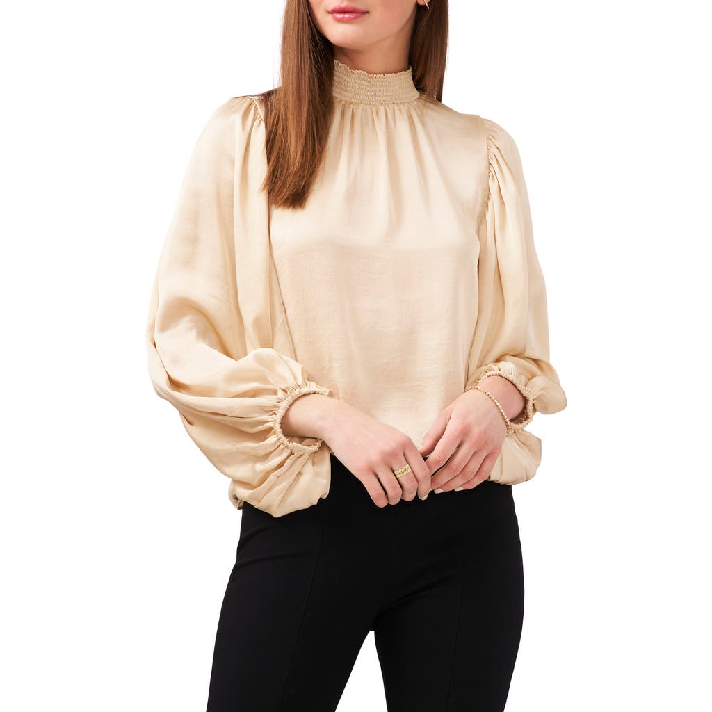 Chaus Smocked Mock Neck Satin Blouse In Neutral