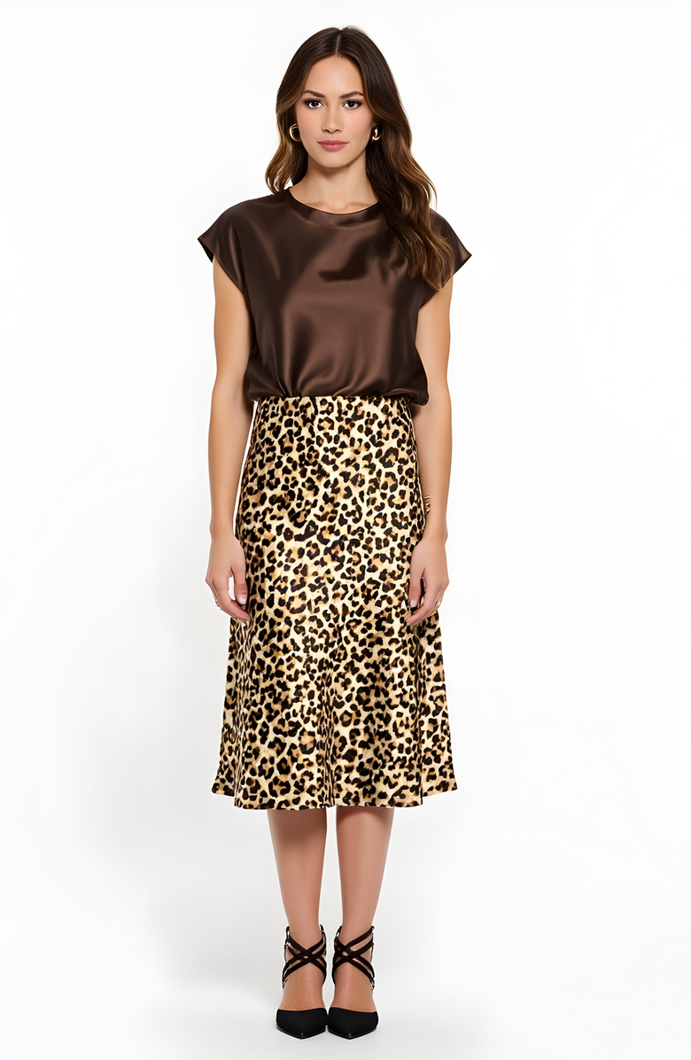 Modenaire Leopard Print Bias Cut Satin Midi Skirt, Alternate, color, Leopard Print