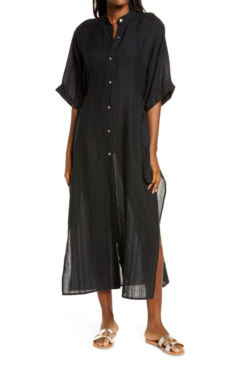 Michelle Mandarin Collar Cover-Up Caftan, Main, color, BLACK