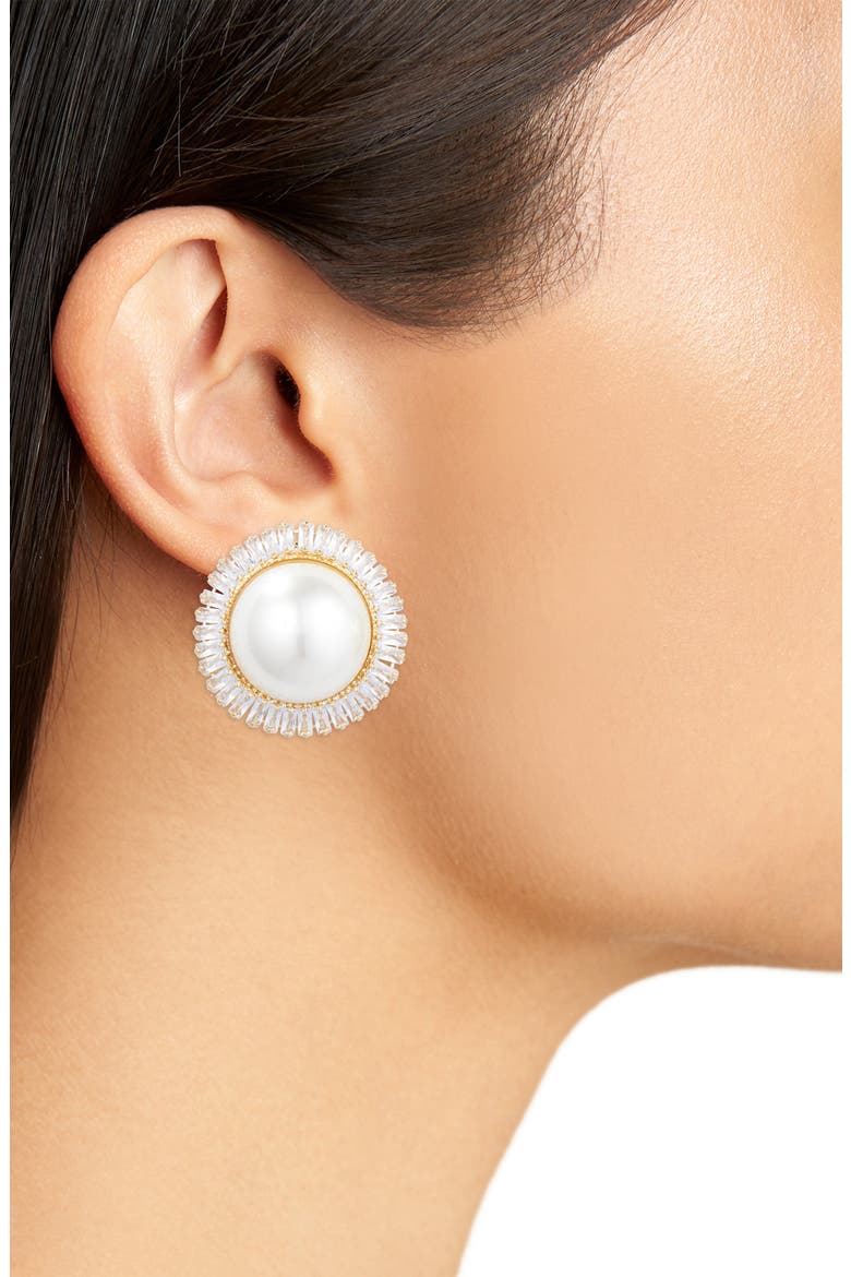 Crystal & Faux Pearl Button Stud Earrings, Alternate, color, GOLD CZ PEARL