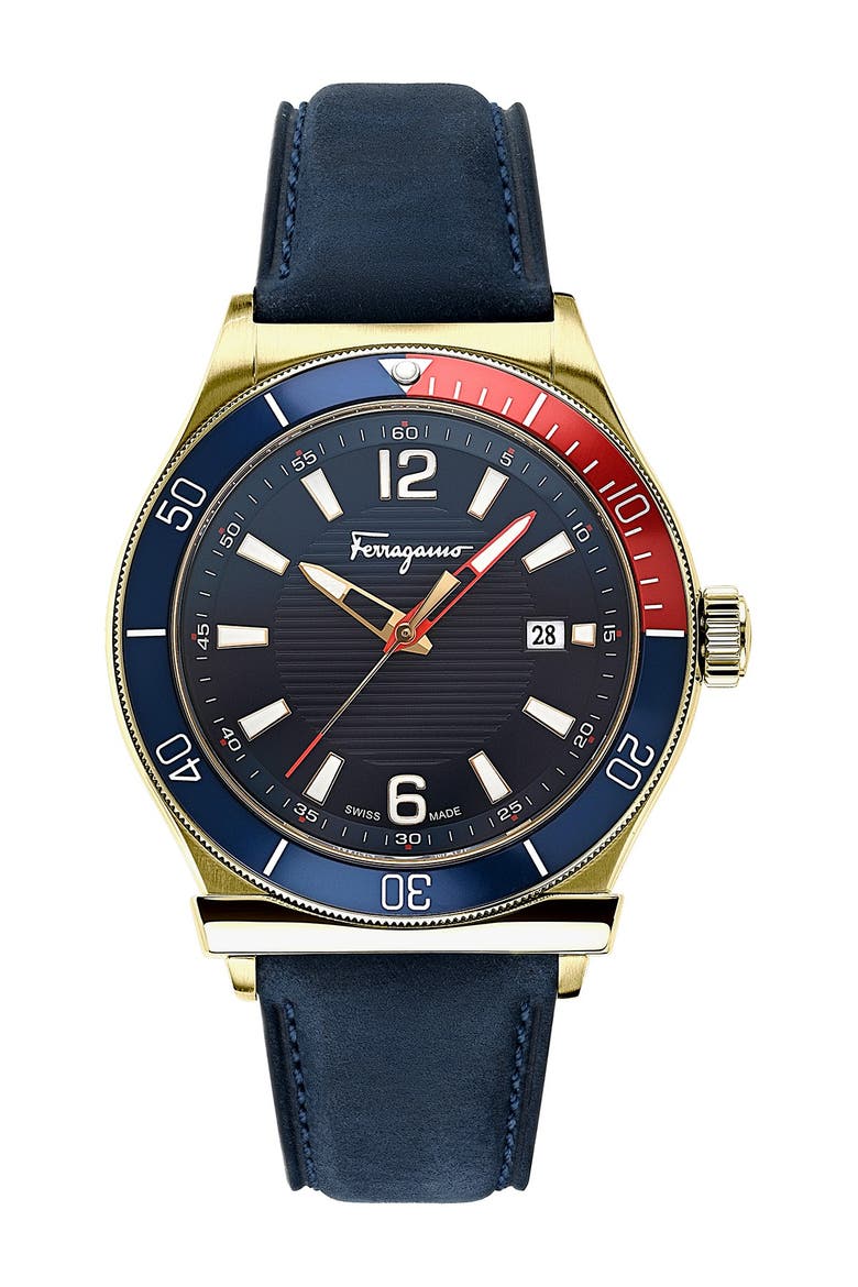 Men's Ferragamo1898 Sport Chronograph Leather Strap Watch, 44mm, Main, color, MULTI