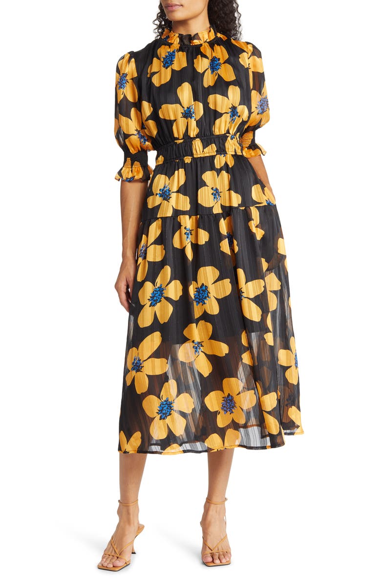 MELLODAY Floral Puff Sleeve Pleated Midi Dress, Main, color, 