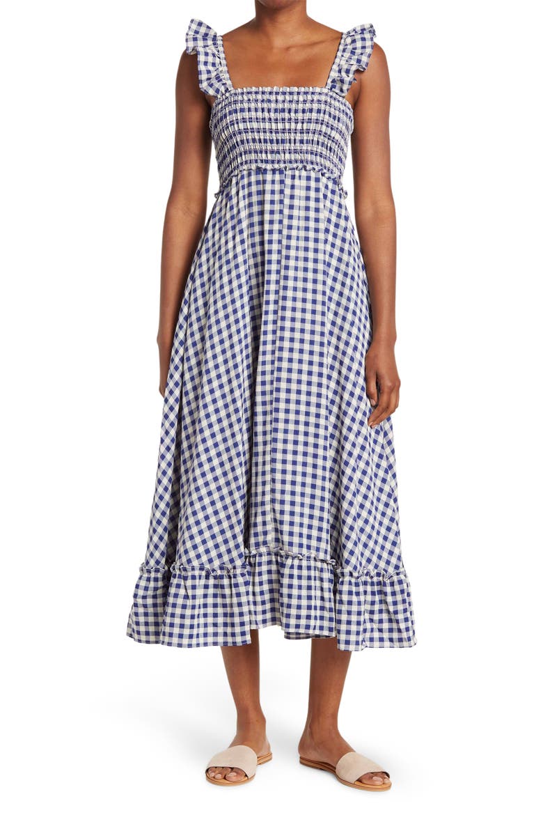 Yarn Dye Ruffle Sleeve Smocked Dress, Main, color, INDIGO/ CREAM