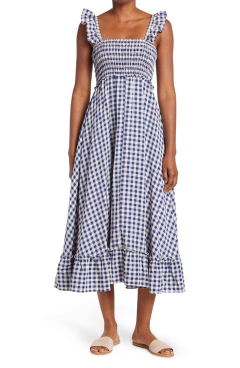 Yarn Dye Ruffle Sleeve Smocked Dress