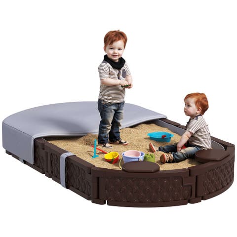 Kids Sandbox with Cover, Built-in Seating & Bottom Liner