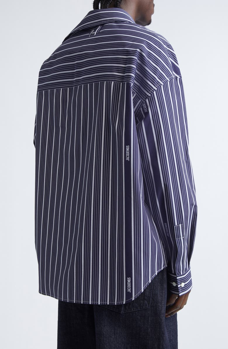 Jacquemus La Chemise Cuadro Asymmetric Button-Up Shirt, Alternate, color, Business Logo Stripes Navy