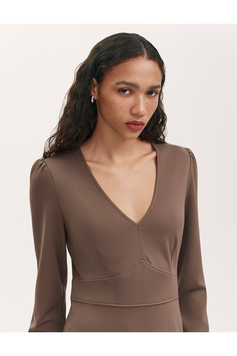 Seraphina Ponte Jersey V Neck Midi Dress, Alternate, color, Mole