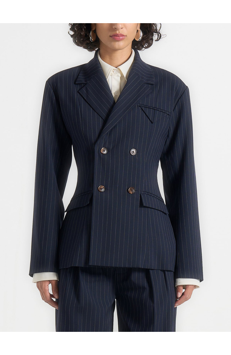 Manière De Voir Maia Pinstripe Double Breasted Blazer, Main, color, Navy