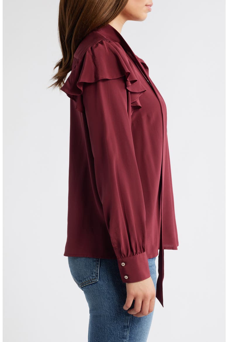 Tie Neck Silk Crêpe de Chine Button-Up Shirt, Alternate, color, CRIMSON