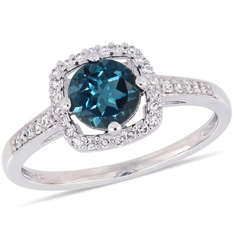 Blue Topaz & Diamond Halo Ring 10k