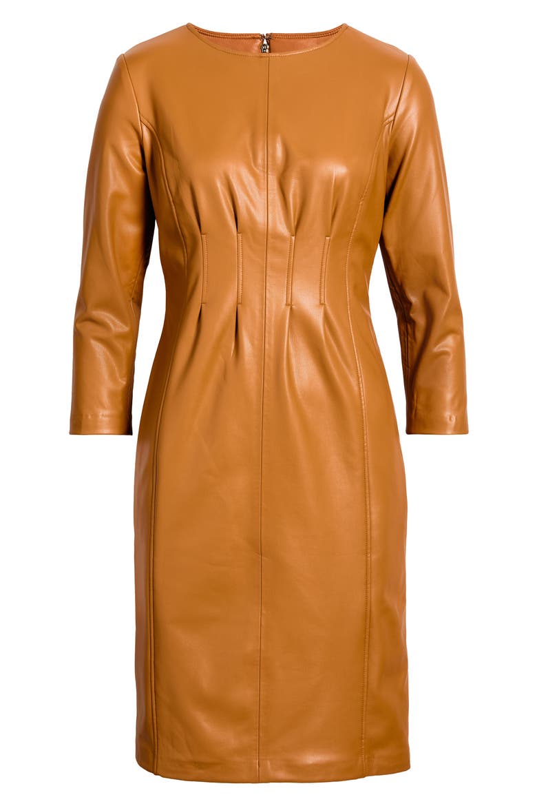 Pleated Waist Faux Leather Sheath Dress, Alternate, color, TOAST