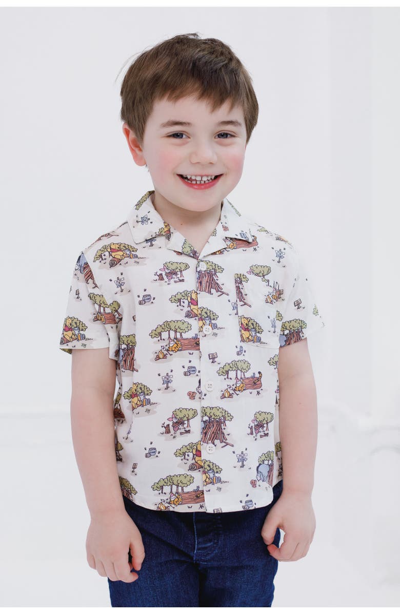Disney Winnie the Pooh Short Sleeve Button Down Shirt, Alternate, color, Beige