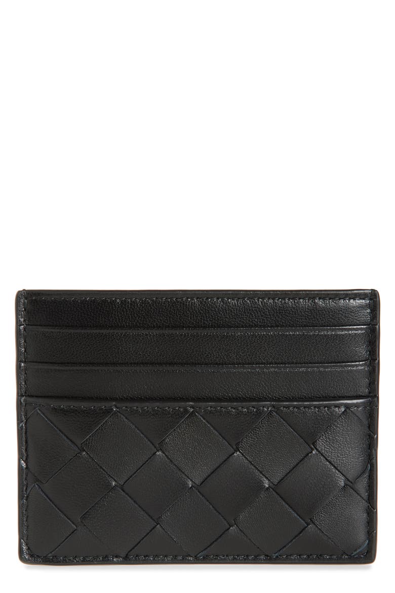 Intrecciato Leather Card Case, Main, color, 8425 BLACK-GOLD