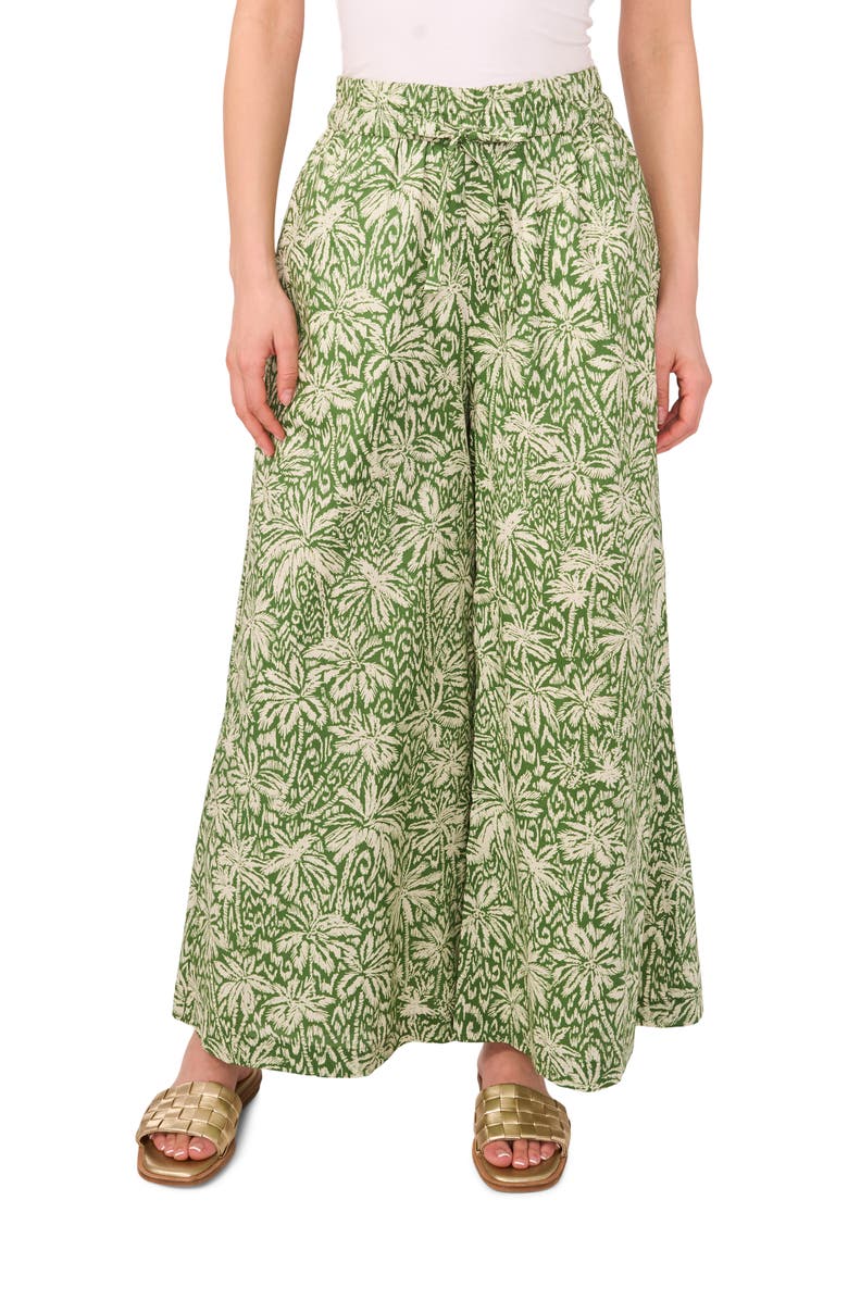 Vince Camuto Palm Print Wide Leg Cotton Pants, Main, color, Olive