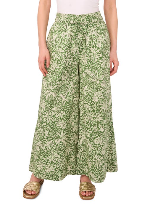 Palm Print Wide Leg Cotton Pants