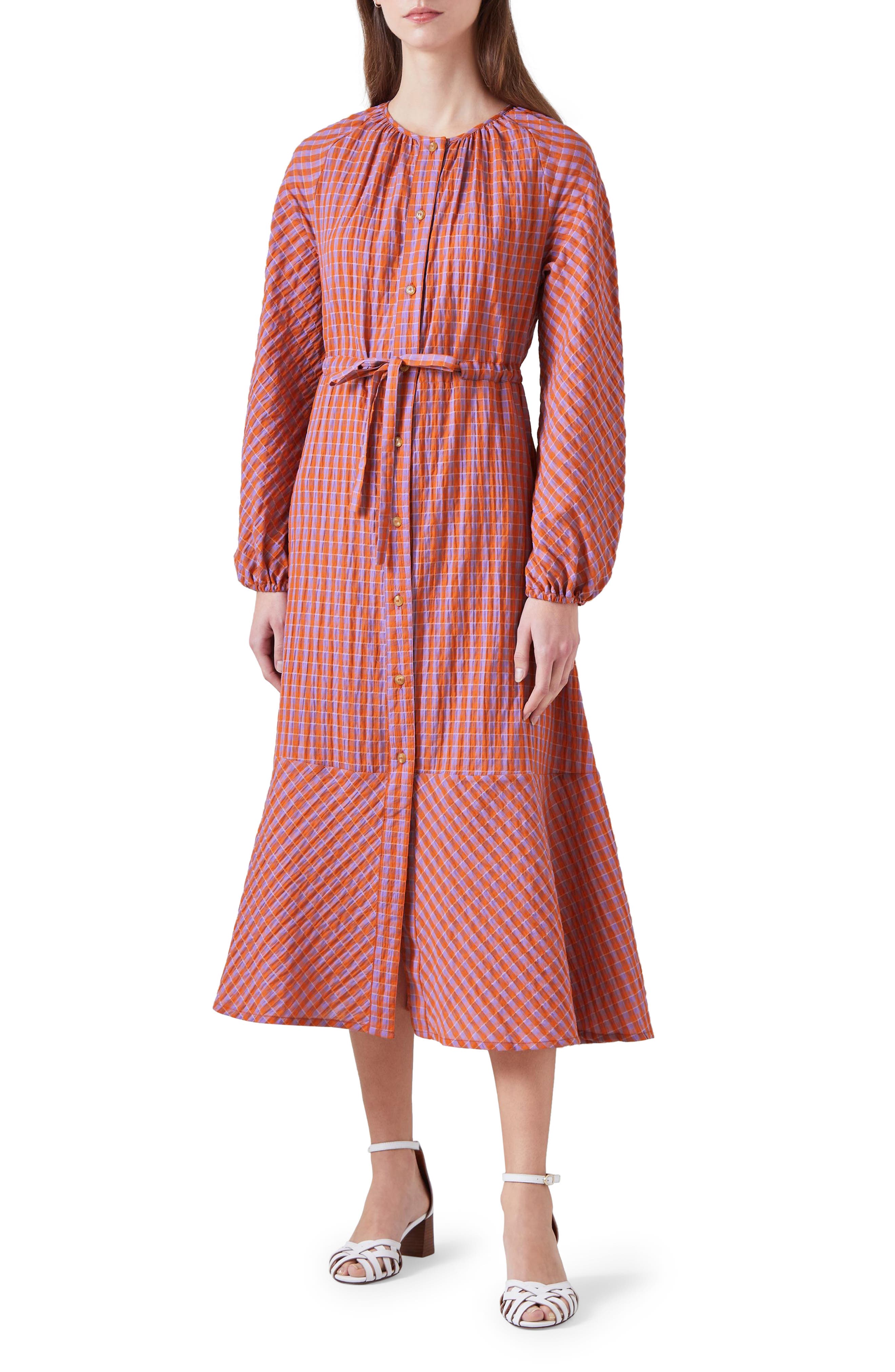 LK Bennett Sophie Check Tie Waist Long Sleeve Midi Dress