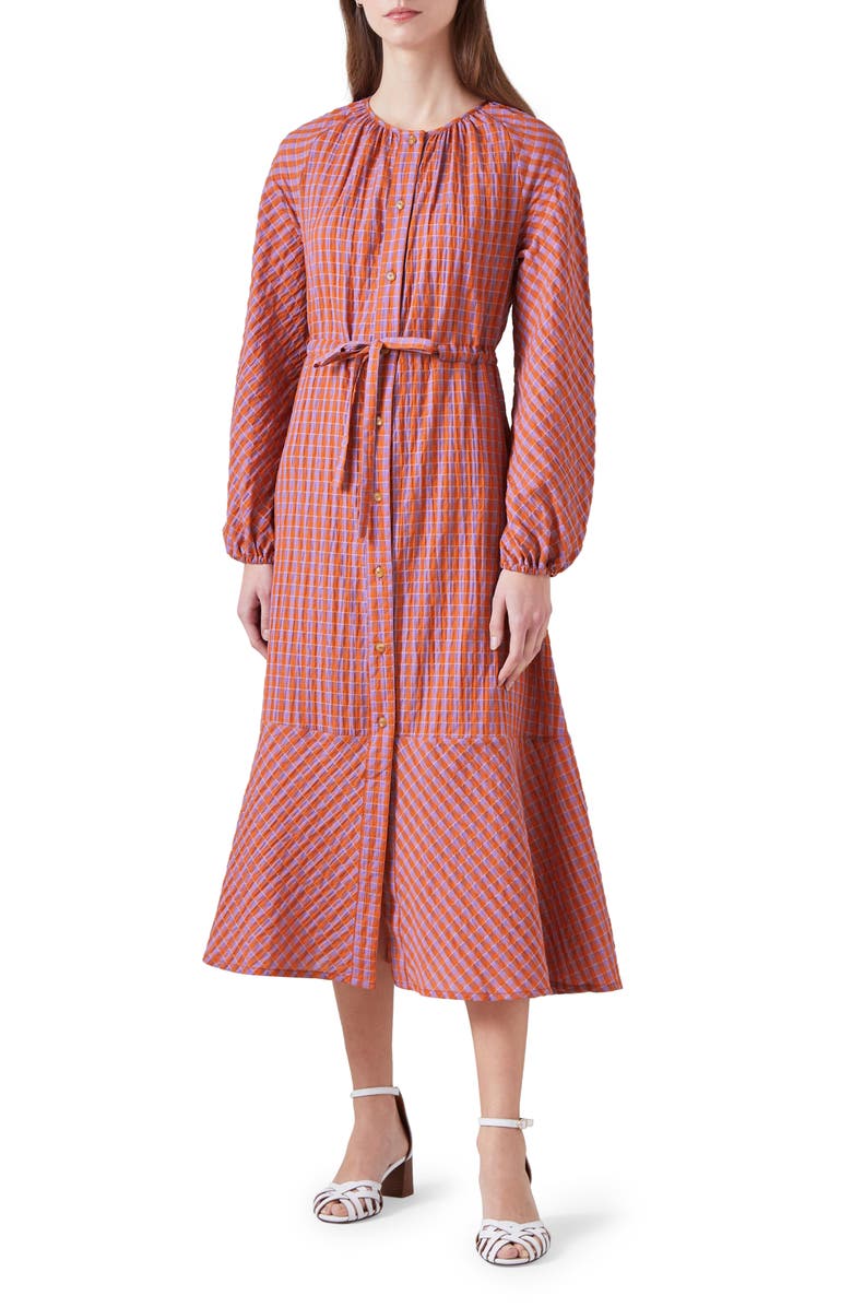 LK Bennett Sophie Check Tie Waist Long Sleeve Midi Dress, Main, color, 