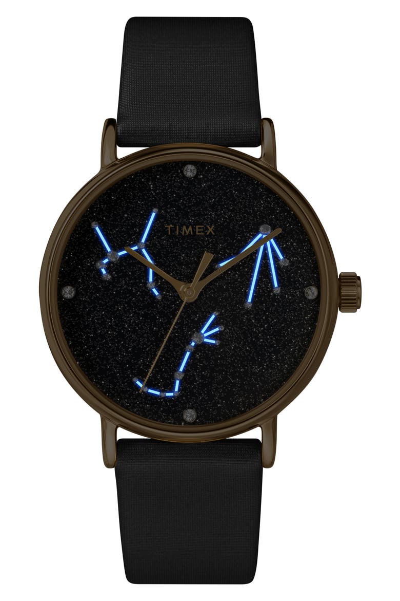 Celestial Opulence Leather Strap Watch, 37mm, Alternate, color, BLACK/ GOLD