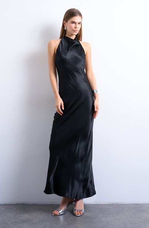 Cowl Halter Neck Open Back Maxi Dress