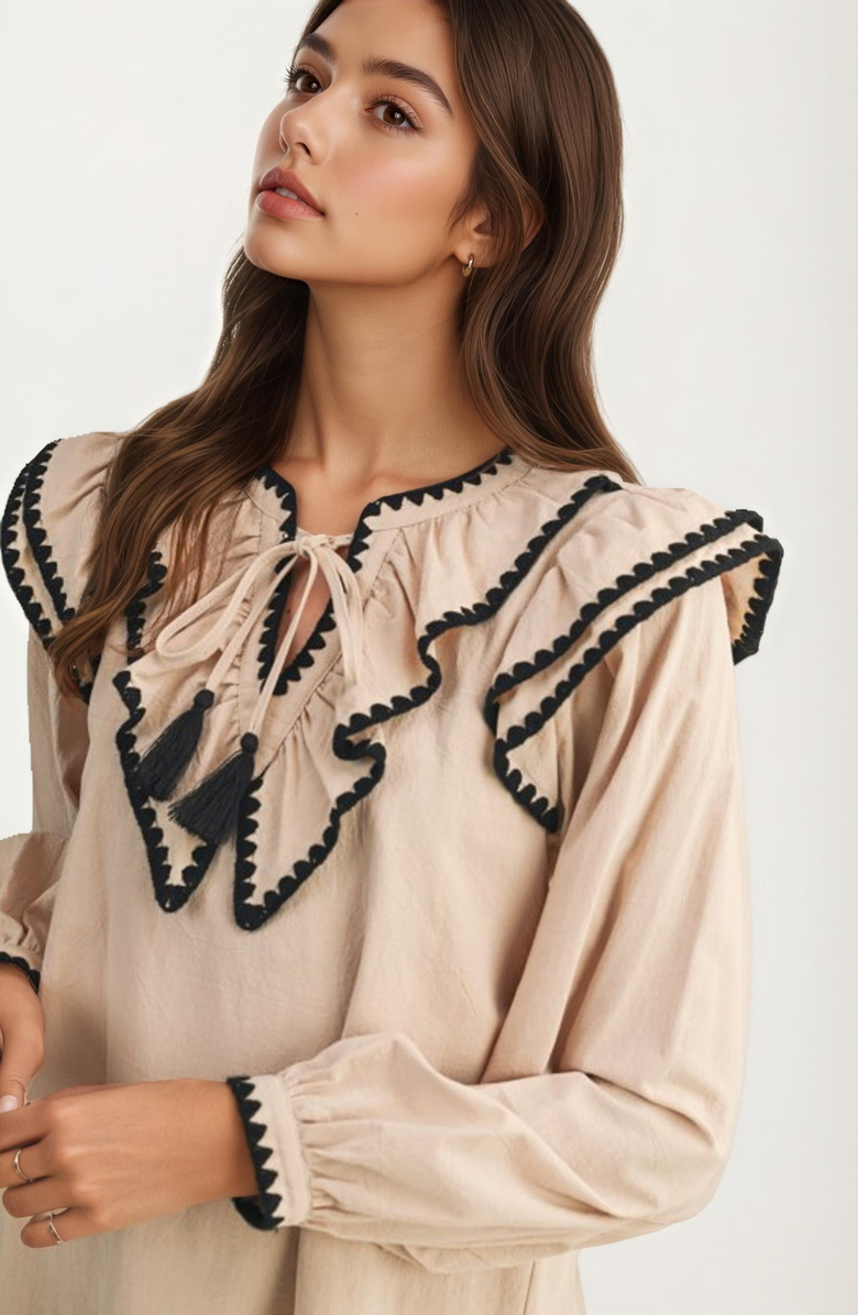 Knit and Lounge Ruffle Trim Oversized Contrast Collar Blouse, Alternate, color, Beige / Black