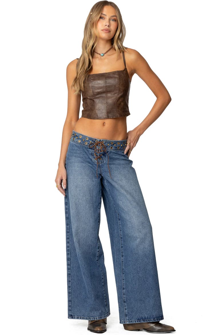 Stud & Grommet Wide Leg Jeans, Alternate, color, BLUE-WASHED