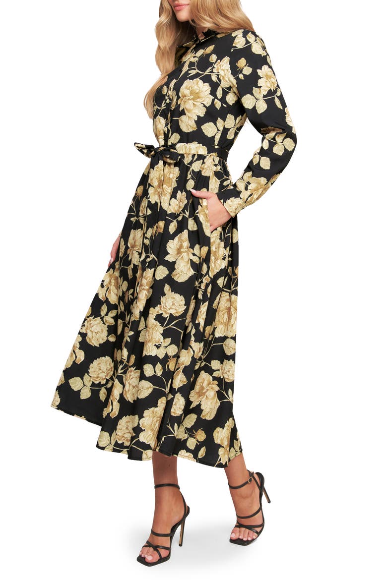 Print Long Sleeve Midi Shirtdress, Alternate, color, BLACK