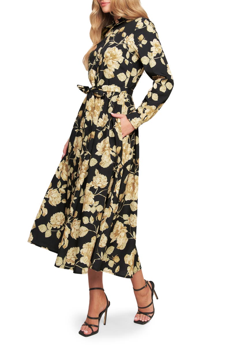 FLYING TOMATO Print Long Sleeve Midi Shirtdress, Alternate, color, Black