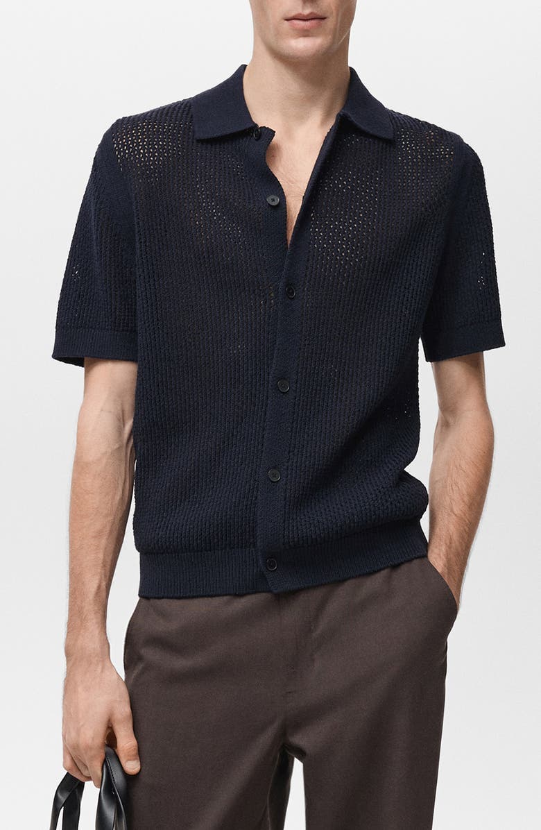 MANGO Openwork Short Sleeve Cotton Button-Up Shirt, Main, color, Dark Navy