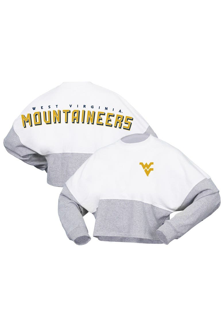 Women's Spirit Jersey  White West Virginia Mountaineers Heather Block Cropped Long Sleeve Jersey T-Shirt, Main, color, White