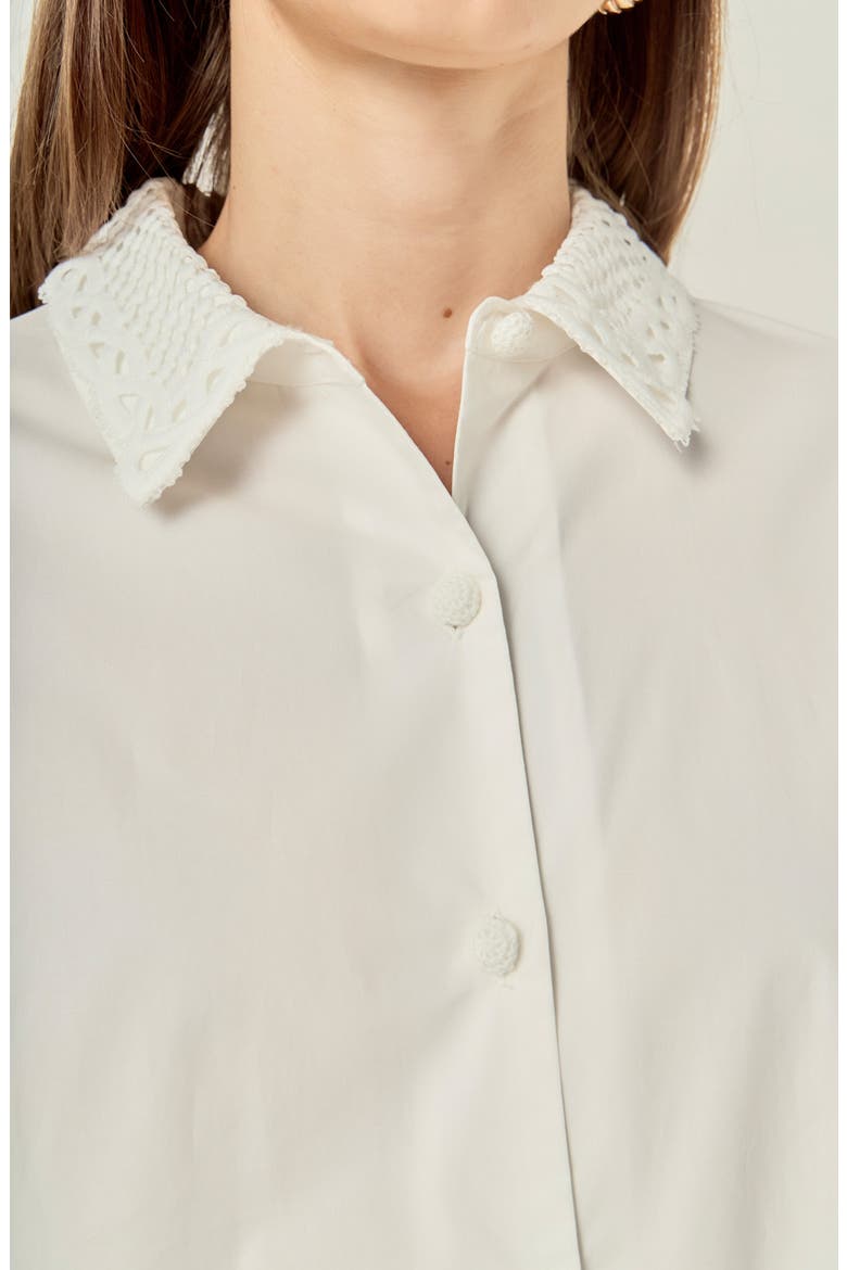 Lace Trim Blouson Sleeve Cotton Button-Up Shirt, Alternate, color, WHITE