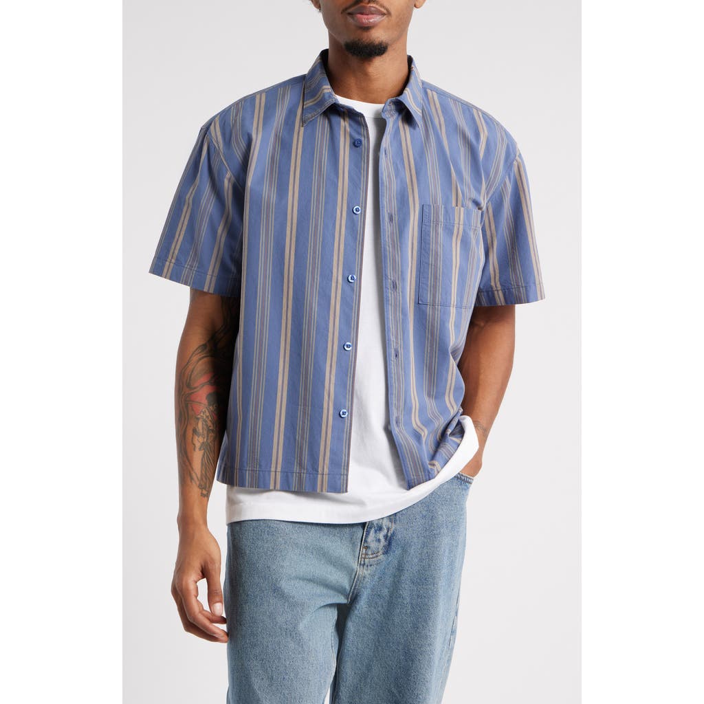 Bp. Boxy Camp Short Sleeve Button-up Cotton Shirt In Blue Indigo Utility Stripe