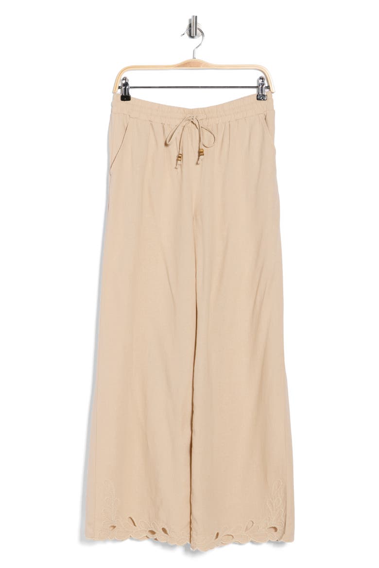 Embroidered Eyelet Hem Wide Leg Pull-On Pants, Alternate, color, LINEN