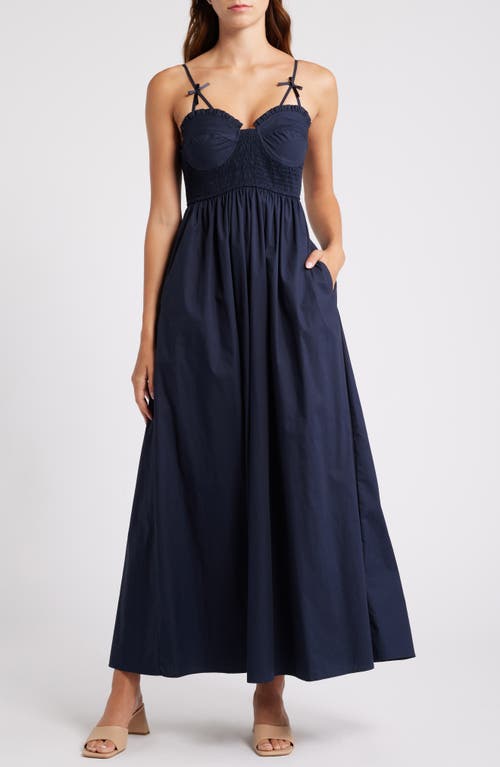 MOON RIVER Smocked Cotton Midi Sundress in Navy 