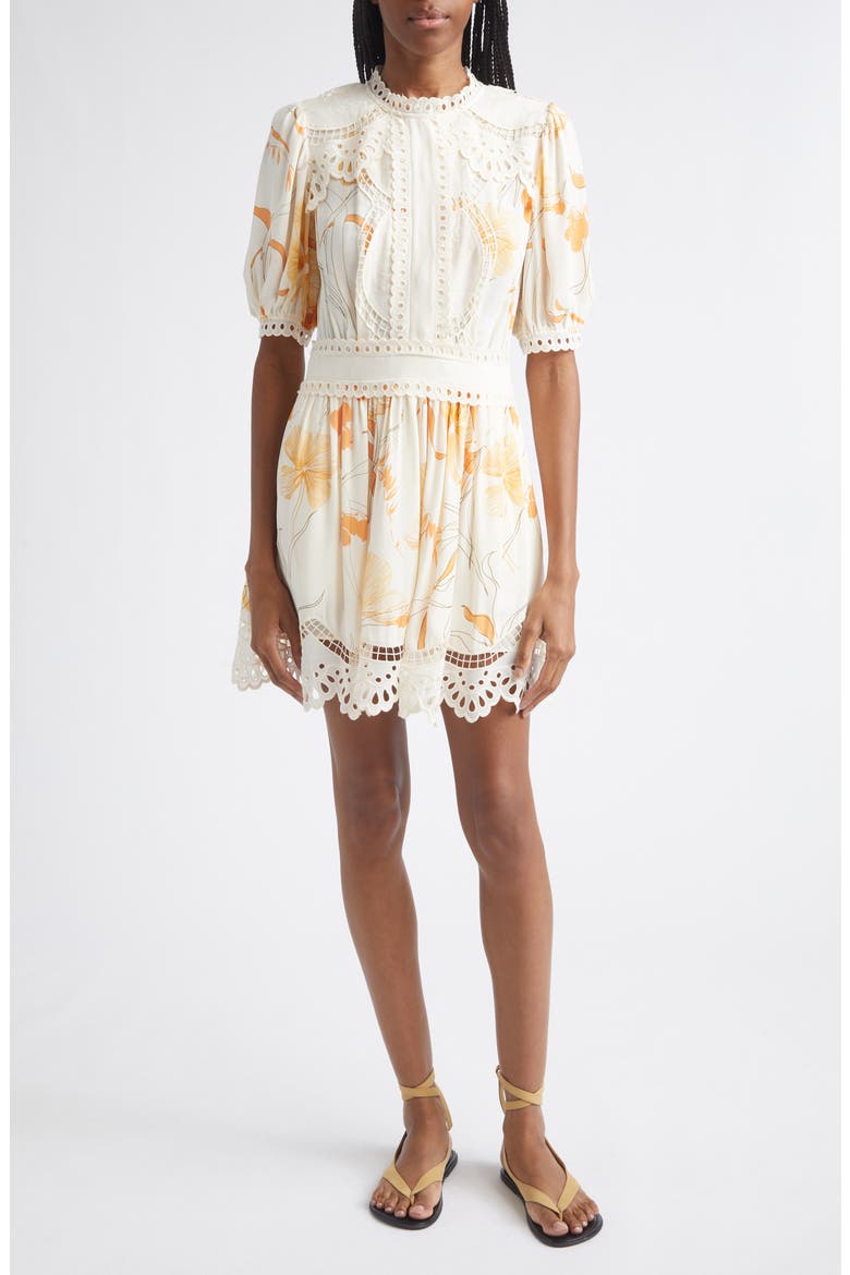 Lacey Print Eyelet Minidress, Alternate, color, IVORY/ PINK