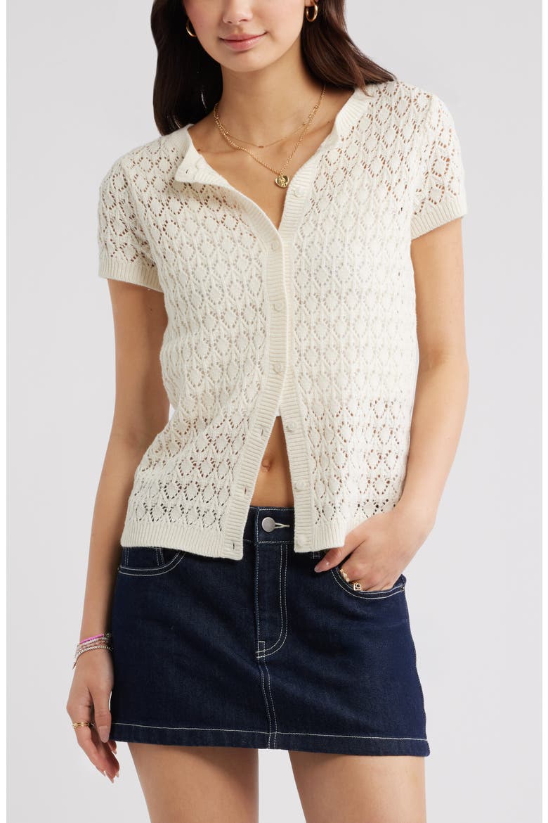 Pointelle Short Sleeve Cardigan, Main, color, IVORY ANTIQUE