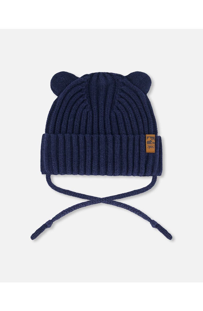 Deux par Deux Baby Unisex Baby Knit Hat With Strings Navy Blue, Main, color,