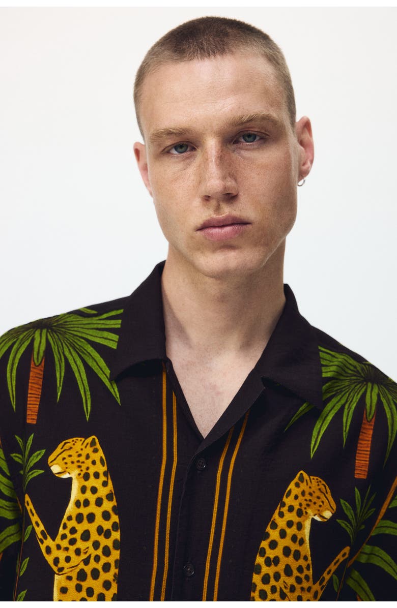 H&M Relaxed Fit Printed Resort Shirt, Alternate, color, Dark Brown/Leopard