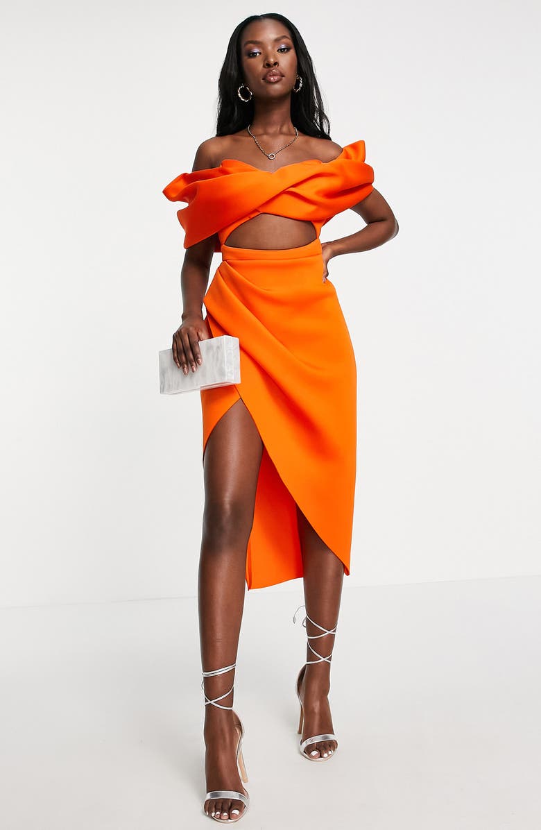 ASOS DESIGN Off the Shoulder Cutout Midi Dress, Alternate, color, 