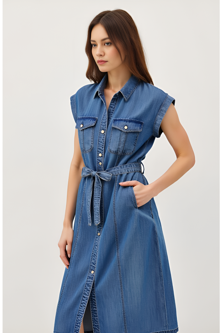 Sleeveless Denim Midi Shirt Dress with Button Front and Tie Waist, Alternate, color, Blue