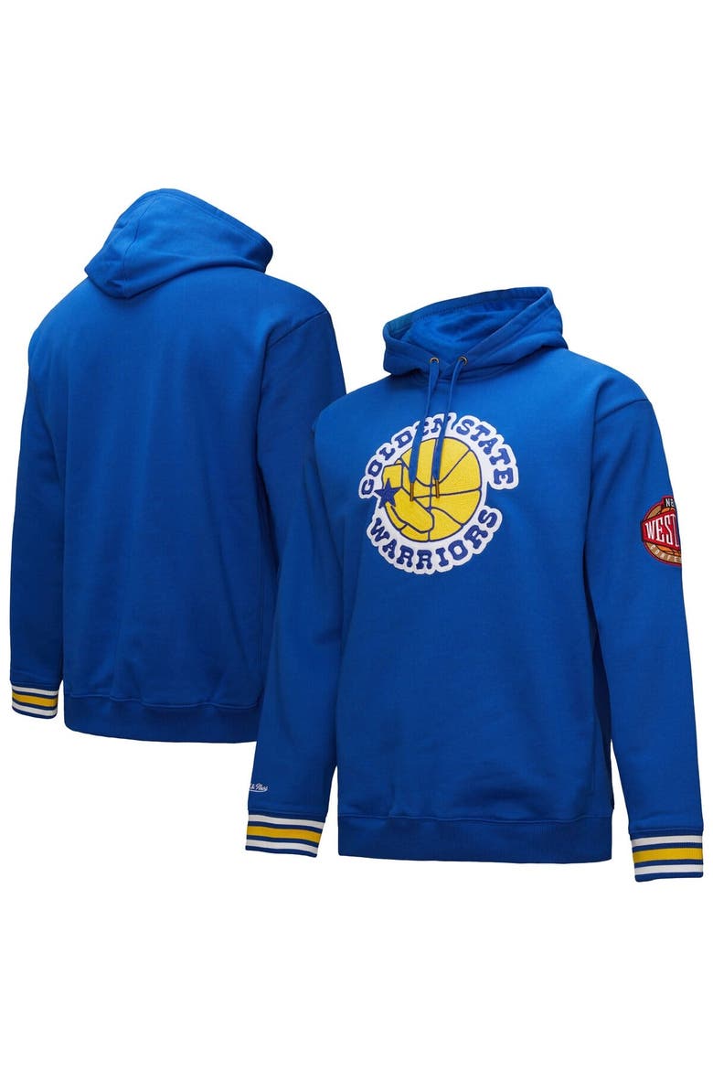 Men's Mitchell & Ness Royal Golden State Warriors Chainstitch Applique Vintage Heavyweight Pullover Hoodie, Main, color, Royal