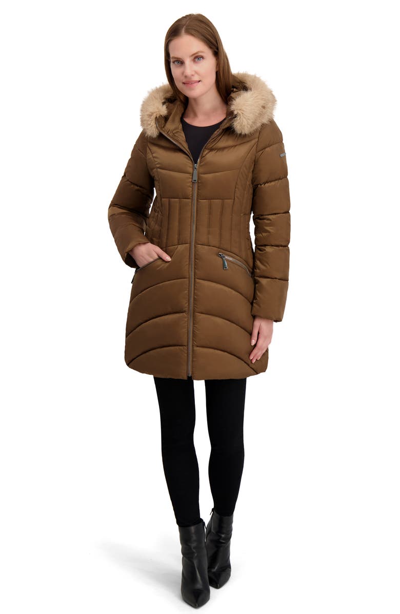 Laundry by Shelli Segal Puffer Jacket with Faux Fur Trim Hood, Alternate, color, Tan