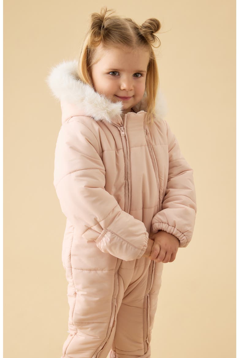 Recycled Faux Fur Lined Embroidered Snowsuit, Alternate, color, Peach Whip