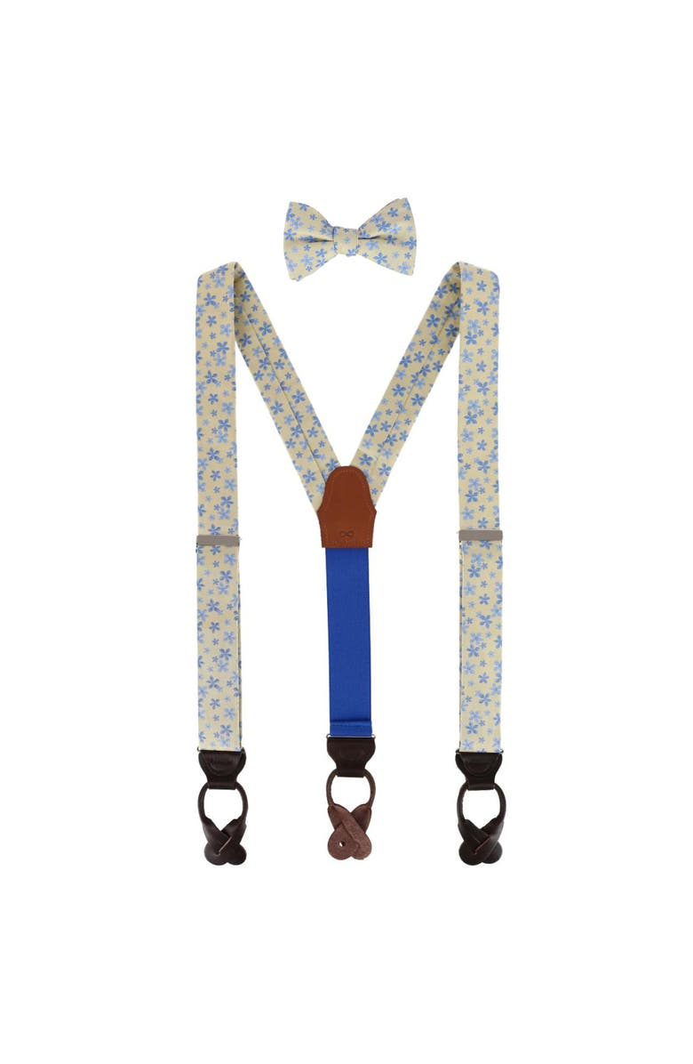 Trafalgar Weldon Floral Silk Suspenders (Braces) and Bow Tie Bundle, Main, color, Yellow With Light Blue